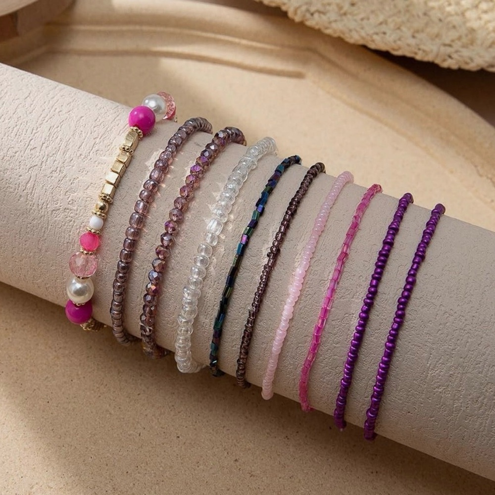 Boho Beaded Multi-Strand Bracelet Stack - Pink & Purple Seed Beads - Picture 2 of 5